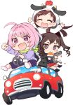  #unit_name_boshuuchuu_(idolmaster) 3girls :o ^_^ ^o^ animal_costume black_hair blush brown_hair car chibi clenched_hand closed_eyes cow_costume expressionless fang ground_vehicle gum_(vivid_garden) highres idolmaster idolmaster_cinderella_girls ikura_(food) looking_afar mole mole_under_eye motor_vehicle multiple_girls outstretched_arms pink_hair ringorou_(idolmaster) simple_background sitting sunazuka_akira tsujino_akari white_background yumemi_riamu 