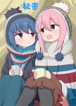  2girls :d bangs black_coat black_headwear black_legwear blue_hair blue_pants bobblehat brown_dress brown_eyes closed_mouth coat coffee_mug commentary_request cover cover_page cup doujin_cover dress eyebrows_visible_through_hair green_eyes highres holding holding_cup hood hood_down hooded_coat kagamihara_nadeshiko kemu_(guruguru_dan) light_frown long_hair long_sleeves looking_at_another medium_dress mug multicolored_clothes multicolored_scarf multiple_girls open_mouth pants pantyhose partial_commentary pink_hair scarf shima_rin side-by-side sitting smile translated white_coat white_headwear yurucamp 