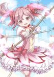  1girl absurdres bow bow_(weapon) bubble_skirt choker commentary_request cowboy_shot gloves hair_bow highres kaname_madoka leg_up looking_at_viewer magical_girl mahou_shoujo_madoka_magica open_mouth pink_bow pink_eyes pink_hair puffy_short_sleeves puffy_sleeves red_choker short_sleeves short_twintails skirt smile solo soul_gem spinning teeth twintails ukiukikiwi2525 upper_teeth weapon white_gloves 