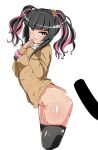  1girl absurdres bangs black_hair black_legwear blunt_bangs bottomless highres lolomion long_hair looking_at_viewer multicolored_hair pink_eyes pink_hair senki_zesshou_symphogear senki_zesshou_symphogear_xd_unlimited shiny shiny_hair shiny_skin simple_background standing streaked_hair sweat sweater thighhighs thighs tsukuyomi_shirabe twintails white_background 