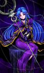  1990s_(style) absurdres blue_hair commentary evil_smile fate/grand_order fate/stay_night fate_(series) gloves grin highres holding holding_staff lipstick long_hair makeup medea_(fate) nazo_no_diaboro pointy_ears purple_eyes purple_gloves retro_artstyle robe sitting smile solo staff wand witch 