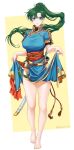  1girl artist_name bangs bare_legs barefoot belt blush breasts commentary earrings eyebrows_visible_through_hair fingernails fire_emblem fire_emblem:_the_blazing_blade full_body green_eyes green_hair hair_ornament highres holding jewelry legs long_hair looking_at_viewer lyn_(fire_emblem) medium_breasts miku1201_fe parted_lips pelvic_curtain ponytail sheath sheathed shiny shiny_hair shiny_skin short_sleeves signature simple_background smile sword thighs tied_hair toes weapon 