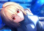  1girl arcueid_brunestud bangs blonde_hair blush breasts harukey highres jewelry large_breasts long_sleeves looking_at_viewer necklace red_eyes short_hair solo_focus sweater tsukihime tsukihime_(remake) turtleneck turtleneck_sweater white_sweater 