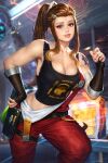  1girl black_tank_top blurry blurry_background breasts brigitte_(overwatch) brown_eyes brown_hair cleavage cowboy_shot freckles hand_up large_breasts long_hair looking_at_viewer neoartcore overalls overwatch parted_lips ponytail print_tank_top red_overalls sidelocks smile solo tank_top tattoo 