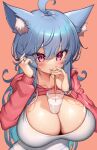  1girl ahoge animal_ear_fluff animal_ears bangs blue_hair blush breasts cat_ears closed_mouth drinking drinking_straw eyebrows_visible_through_hair highres huge_breasts kaptivate long_hair long_sleeves looking_at_viewer milk orange_background original purple_eyes shirt simple_background slit_pupils solo white_shirt 