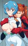  2girls ayanami_rei blue_hair blush bodysuit breasts brown_hair closed_eyes cowboy_shot hair_ornament large_breasts leaning_forward looking_back multiple_girls neon_genesis_evangelion nipples parted_lips plugsuit red_bodysuit red_eyes ripping shiny shiny_hair short_hair smile souryuu_asuka_langley suoiresnu teeth torn_bodysuit torn_clothes twintails white_bodysuit 