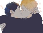  2boys a8fsk6214 arms_around_neck black_hair black_hoodie blonde_hair closed_eyes commentary_request couple ear_piercing heart hood hood_down hoodie hug kasamatsu_yukio kise_ryouta kiss kuroko_no_basuke long_sleeves male_focus multiple_boys piercing short_hair upper_body yaoi 