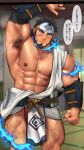  1boy abs absurdres bara bare_pectorals facial_hair fundoshi goatee highres japanese_clothes kuma_gororo looking_at_viewer male_focus mature_male muscular muscular_male open_clothes pectorals revealing_clothes sandayu_(housamo) solo tokyo_afterschool_summoners translation_request 