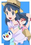  1girl :d bag bangle black_hair blue_shorts bow bracelet brown_bag brown_headwear clenched_hand commentary_request dawn_(pokemon) eyelashes frills grey_eyes hainchu handbag hands_up hat hat_bow highres holding holding_poke_ball jewelry long_hair open_mouth piplup poke_ball poke_ball_(basic) pokemon pokemon_(creature) pokemon_(game) pokemon_bdsp poketch purple_shirt shirt short_sleeves shorts smile tongue watch wristwatch 