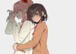  1girl 1other akiyama_mizuki blush bow bowtie braid brown_cardigan brown_eyes brown_hair cardigan closed_mouth crying eyebrows_visible_through_hair grey_background hair_bow head_on_another&#039;s_shoulder hug hug_from_behind long_hair long_sleeves namgic pink_hair project_sekai red_bow red_bowtie sad shinonome_ena short_hair side_braid side_ponytail simple_background striped striped_bow striped_bowtie tears upper_body white_bow wiping_tears 
