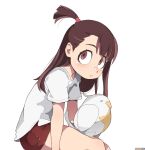  1girl alcor_(little_witch_academia) artist_name bad_id bad_pixiv_id bangs brown_hair closed_mouth from_side kagari_atsuko little_witch_academia long_hair looking_at_viewer once_11h red_eyes red_shorts shirt short_sleeves shorts simple_background sitting tied_hair upper_body white_background white_shirt 