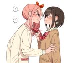  1girl 1other ? akiyama_mizuki blush bow bowtie brown_cardigan brown_eyes brown_hair cardigan closed_mouth collared_shirt ear_blush eye_contact hair_bow hand_on_another&#039;s_arm long_hair long_sleeves looking_at_another namgic neckwear_grab pink_eyes pink_hair pink_shirt profile project_sekai red_bow red_bowtie school_uniform shinonome_ena shirt short_hair side_ponytail simple_background smile spoken_question_mark striped striped_bow striped_bowtie sweatdrop upper_body white_background white_bow white_cardigan 