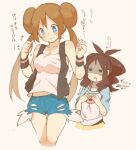  2girls aoya_(ayoyame18) blood blood_from_mouth blue_eyes blush breast_envy breasts brown_hair closed_mouth cosplay costume_switch denim denim_shorts hilda_(pokemon) long_hair multiple_girls pokemon pokemon_(game) pokemon_bw pokemon_bw2 rosa_(pokemon) shaded_face short_shorts shorts simple_background vest wristband 