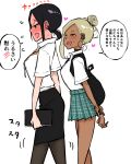  absurdres blonde_hair blush dark_skin earrings gyaru hair_ornament highres jewelry kogal multiple_girls open_mouth original pandakorya pantyhose school_uniform shirt simple_background skirt smile teacher translation_request walking white_background yuri 