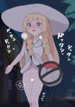  1girl bag bangs blonde_hair blunt_bangs blush braid building censored clothes_lift collared_dress commentary_request dress dress_lift duffel_bag exhibitionism green_eyes hat heart heart_censor lillie_(pokemon) long_hair navel night open_mouth outdoors palm_tree poke_ball_theme pokemon pokemon_(game) pokemon_sm pubic_hair samidareura sleeveless sleeveless_dress solo sun_hat sweat tongue tree trembling twin_braids white_dress white_headwear 