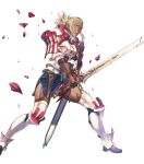  1girl armor armored_boots bare_shoulders blonde_hair boots breastplate broken_armor dark_skin dress elbow_pads fire_emblem fire_emblem_awakening fire_emblem_heroes flavia_(fire_emblem) full_body gloves highres holding holding_weapon lips long_hair looking_away official_art parted_lips purple_eyes sheath short_dress shoulder_armor sidelocks skirt sleeveless smile solo sweat sweatdrop sword thighhighs thighs tied_hair transparent_background weapon yoneko_okome zettai_ryouiki 