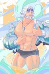  1boy abs absurdres bara chest_hair cid_nan_garlond facial_hair final_fantasy goggles goggles_on_head highres jacket looking_at_viewer male_focus mature_male muscular muscular_male open_clothes open_jacket quietscrappy solo summer whistle whistle_around_neck white_hair 