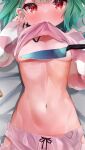  1girl arms_up bloomers blush breasts collarbone eureka_814 green_hair highres hololive kitchen_knife knife lifted_by_self looking_at_viewer loose_clothes lying mouth_hold navel on_back pink_bloomers red_eyes shirt_in_mouth small_breasts solo underwear uruha_rushia virtual_youtuber 