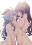  2girls absurdres blue_hair breasts creepy_himecchi earrings eyebrows_visible_through_hair from_side ganyu_(genshin_impact) genshin_impact hand_on_another&#039;s_face highres horns jewelry keqing_(genshin_impact) long_hair looking_at_another midriff multiple_girls nude purple_hair yuri 