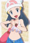  1girl :d bag beanie black_hair blue_shorts collarbone commentary_request dawn_(pokemon) eyelashes grey_eyes hainchu hair_ornament hairclip handbag hat highres holding_strap long_hair navel open_mouth pink_bag pokemon pokemon_(game) pokemon_bdsp poketch shirt shorts sidelocks sleeveless sleeveless_shirt smile solo tongue upper_body watch white_headwear wristwatch 