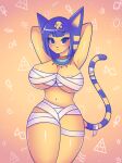  animal animal_crossing animal_ears ankha_(animal_crossing) areola_slip areolae armpits blue_eyes blue_eyeshadow blue_hair blush breasts cat cat_ears cat_girl cat_tail curvy egyptian egyptian_clothes eyeshadow furry furry_female highres large_breasts makeup mummy mummy_costume procreate_(medium) tail thick_thighs thighs wrapping yellow_background yellow_fur zharxart 