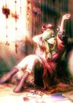  1girl arm_up backlighting bangs blunt_bangs blurry chromatic_aberration depth_of_field dress front_ponytail green_eyes green_hair highres indoors kagiyama_hina long_hair looking_at_viewer muha_kakka red_dress sitting smile soft_focus solo stretch touhou window 