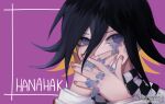  1boy artist_name bangs black_hair black_scarf blue_flower checkered checkered_scarf covering_mouth danganronpa_(series) danganronpa_v3:_killing_harmony flipped_hair flower hair_between_eyes highres long_sleeves looking_at_viewer male_focus orange_hair ouma_kokichi pastahands pink_background portrait scarf solo white_scarf 
