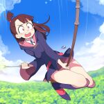  1girl absurdres bad_id bad_pixiv_id bangs bike_shorts blue_sky breasts broom broom_riding brown_hair cloud collar crying crying_with_eyes_open dress forest hat highres holding holding_wand kagari_atsuko little_witch_academia long_hair medium_breasts nature once_11h open_mouth outdoors purple_dress purple_footwear purple_headwear purple_hood purple_ribbon red_eyes ribbon shiny shirt sky tears teeth tied_hair upper_teeth wand white_shirt witch_hat 