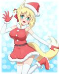  1girl animal_ears bangs blonde_hair boots christmas commentary_request dog_days dress elbow_gloves eyebrows_visible_through_hair fox_ears fur-trimmed_dress fur-trimmed_gloves fur_trim gloves hair_ornament hairpin halterneck hat head_tilt highres layered_gloves leg_up looking_at_viewer open_mouth partial_commentary red_dress red_footwear red_gloves red_headwear santa_boots santa_dress santa_gloves santa_hat short_dress short_hair sidelocks smile snowflake_hair_ornament solo standing standing_on_one_leg thighhighs tied_hair waving white_gloves white_legwear yosuzu yukikaze_panettone 
