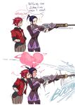  2girls arcane:_league_of_legends bandaged_arm bandages blush boots caitlyn_(league_of_legends) english_text firing full-face_blush gun high_heels highres jacket kiss kissing_cheek league_of_legends long_hair multiple_girls pink_hair ponytail purple_hair rifle snegovski surprised vi_(league_of_legends) weapon yuri 