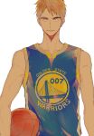 1boy a8fsk6214 ball bare_shoulders basketball basketball_jersey basketball_uniform blonde_hair blue_shirt closed_mouth commentary_request ear_piercing golden_state_warriors holding holding_ball kise_ryouta kuroko_no_basuke male_focus national_basketball_association piercing shirt short_hair simple_background smile solo sportswear toned toned_male tsurime white_background yellow_eyes 