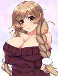  1girl absurdres alternate_costume braid breasts brown_eyes cloud_hair_ornament gradient_hair highres kantai_collection large_breasts light_brown_hair long_hair long_sleeves minegumo_(kancolle) multicolored_hair off-shoulder_sweater off_shoulder red_sweater shigatsu_(soratobuusagi) solo sweat sweater twin_braids upper_body 