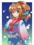  1girl alternate_costume alternate_hairstyle android blush brown_hair eyebrows_visible_through_hair green_eyes iris_(mega_man) japanese_clothes kimono long_sleeves mega_man_(series) mega_man_x_(series) ponytail smile solo tobitori wide_sleeves yukata 