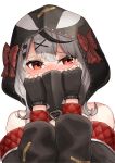  1girl absurdres bare_shoulders black_gloves black_hair commentary_request covering_mouth fingerless_gloves gloves hair_ornament highres hololive hood hoshibudou looking_at_viewer multicolored_hair orca_hood red_eyes sakamata_chloe solo streaked_hair upper_body virtual_youtuber x_hair_ornament 