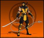  1boy absurdres armor black_gloves blank_eyes chain deviantart_username empty_eyes fingerless_gloves gauntlets gloves highres holding holding_sword holding_weapon hood japanese_armor japanese_clothes katana mask mortal_kombat mortal_kombat_11 mouth_mask muscular ninja no_pupils pyrus-leonidas scorpion_(mortal_kombat) sheath sheathed signature skull sword unsheathing weapon white_eyes 