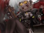  1girl alcohol bangs bottle breasts bullpup choker commission cup curtains double_bun drinking_glass eyebrows_visible_through_hair eyewear_on_head fingerless_gloves girls&#039;_frontline gloves gun highres jacket knees_up light_brown_hair looking_at_viewer medium_breasts open_mouth p90 p90_(girls&#039;_frontline) raiyo_(pixiv16261673) red_eyes short_hair skeb_commission smile solo submachine_gun sunglasses thigh_strap thighhighs weapon wine wine_bottle wine_glass 