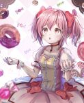  1girl bow breasts bubble_skirt choker commentary doughnut food gloves hair_bow hands_up highres kaname_madoka looking_up magical_girl mahou_shoujo_madoka_magica open_mouth pink_bow pink_eyes puffy_short_sleeves puffy_sleeves red_choker short_hair short_sleeves short_twintails skirt small_breasts solo soul_gem sweets teeth twintails ukiukikiwi2525 upper_body upper_teeth white_gloves 