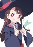  1girl bangs blunt_bangs blunt_ends bright_pupils brown_hair floating_hair from_side grin hair_behind_ear hands_up hat hat_belt hood hood_down index_finger_raised ixy kagari_atsuko little_witch_academia long_hair long_sleeves looking_at_viewer looking_to_the_side looking_up luna_nova_school_uniform parted_bangs red_eyes school_uniform simple_background smile solo upper_body white_background white_pupils wide_sleeves wing_collar witch_hat 