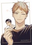  2boys a8fsk6214 black_hair black_shirt blonde_hair blue_eyes closed_mouth commentary_request ear_piercing eating finger_heart heart holding holding_spoon kasamatsu_yukio kise_ryouta kuroko_no_basuke light_blush looking_at_viewer male_focus multiple_boys one_eye_closed piercing selfie shirt short_hair smile spoon star_(symbol) white_shirt yellow_eyes 