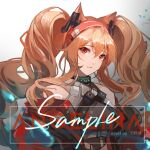  1girl angelina_(arknights) angelina_(distinguished_visitor)_(arknights) animal_ears arknights bangs bare_shoulders brown_hair coat fox_ears fox_girl hairband infection_monitor_(arknights) long_hair off_shoulder parted_lips red_coat red_eyes sample solo tianye_toshi twintails 