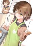  1girl absurdres apron blush brown_hair closed_mouth collarbone commentary cooking curry eyebrows eyelashes food green_apron hair_ornament hairclip highres looking_at_viewer mouth multiple_views open_mouth original piyomi pot school_uniform short_hair speech_bubble stove sweatdrop sweater translated yellow_eyes 