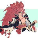  1girl amputee aqua_background baiken belt big_hair black_jacket black_kimono breasts bright_pupils cleavage closed_mouth collarbone david_liu eyepatch facial_tattoo guilty_gear guilty_gear_strive guilty_gear_xrd hand_on_hilt highres jacket jacket_on_shoulders japanese_clothes kataginu katana kimono large_breasts looking_at_viewer multicolored_clothes multicolored_kimono multiple_belts one-eyed open_clothes open_kimono ponytail red_eyes red_hair samurai sash scar scar_across_eye scar_on_face sheath sheathed shiny shiny_hair smile solo sword tattoo torn_sleeve two-tone_background upper_body weapon white_background white_belt white_kimono white_pupils 