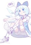  1girl 3: ? alternate_footwear backlighting bangs bloomers blue_bow blue_dress blue_eyes blue_hair bow chabi_(amedama) cirno clenched_hands closed_mouth commentary dress eyebrows_visible_through_hair floating_hair foreshortening frills from_below from_side full_body hair_bow hands_up holding knees_up leg_up light_blush looking_at_viewer looking_down neck_ribbon outstretched_arms pale_color pinafore_dress puffy_short_sleeves puffy_sleeves red_ribbon ribbon shirt shoe_soles shoelaces shoes short_hair short_sleeves simple_background sitting sneakers socks solo speech_bubble spoken_object spoken_question_mark touhou tying tying_footwear undershirt underwear untied_footwear upskirt white_background white_bloomers white_footwear white_legwear white_shirt wing_collar wings 