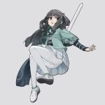  1girl ankle_bell ass bangs bell black_hair brown_eyes eyebrows_visible_through_hair grey_background highres jingle_bell long_hair obi open_clothes open_mouth original outstretched_arm pantyhose pleated_skirt sash shirt shoe_soles shoes short_sleeves simple_background skirt solo sword too-ye v-shaped_eyebrows very_long_hair weapon white_footwear white_legwear white_shirt white_skirt wide_sleeves 