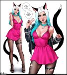  1girl absurdres animal_ear_fluff animal_ears aqua_collar aqua_hair aroma_sensei artist_name black_bra black_jacket black_legwear black_nails blue_eyes bra bra_peek bracelet breasts cat_ears cat_girl cat_tail cleavage collar collarbone commentary dress earrings english_commentary english_text extra_ears full_body gradient_hair hand_on_own_leg hand_up highres jacket jewelry long_hair long_sleeves looking_at_viewer medium_breasts mole multicolored_hair multiple_views nail_polish open_clothes open_jacket open_mouth original pink_dress speech_bubble spiked_bracelet spiked_collar spikes standing straight_hair tail thigh_strap thighhighs torn_clothes torn_legwear underwear unzipped v web_address white_hair 