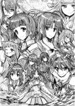  6+girls absurdres ahoge antenna_hair arm_up ashigara_(kancolle) bangs bow breasts chikuma_(kancolle) closed_mouth commentary_request creator_connection double_bun eyebrows_visible_through_hair facial_mark fang fingerless_gloves forehead_mark gloves greyscale haguro_(kancolle) hair_between_eyes hair_bow hair_bun hair_ornament hair_ribbon hairclip headband headgear highres japanese_clothes jintsuu_(kancolle) kantai_collection lineart long_hair low-tied_long_hair monochrome multiple_girls myoukou_(kancolle) nachi_(kancolle) naka_(kancolle) nisshin_(kancolle) one_eye_closed open_mouth pen_(medium) remodel_(kantai_collection) ribbon ribbon-trimmed_sleeves ribbon_trim sailor_collar scarf sendai_(kancolle) short_sleeves shouhou_(kancolle) smile tone_(kancolle) tsuji_kazuho twintails uniform water 