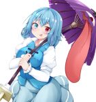  1girl :p blue_eyes blue_hair breasts eyebrows_visible_through_hair heterochromia holding holding_umbrella karakasa_obake long_sleeves long_tongue looking_at_viewer medium_breasts puffy_long_sleeves puffy_sleeves red_eyes rururiaru short_hair simple_background solo tatara_kogasa tongue tongue_out touhou umbrella very_long_tongue white_background 