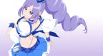  1girl aono_miki bangs blue_choker blue_skirt breasts choker closed_mouth crop_top cure_berry downblouse fresh_precure! fuchi_(nightmare) gradient gradient_background high_ponytail highres large_breasts long_hair looking_at_viewer looking_back looking_up magical_girl miniskirt precure purple_background purple_eyes purple_hair skirt smile solo swept_bangs 