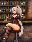  1girl alcohol asymmetrical_footwear asymmetrical_legwear azur_lane bar black_jacket black_shorts boots breasts brown_footwear cleavage cross-laced_clothes cross-laced_footwear crossed_legs from_side gloves half_gloves high_ponytail highres ice ice_cube indoors jacket jean_bart_(azur_lane) long_hair looking_at_viewer medium_breasts red_corset red_eyes red_gloves shorts single_thighhigh sitting skull_belt solo striped striped_legwear thighhighs tn_1341 very_long_hair 