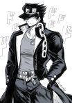  1boy absurdres artist_name belt chain coat dated gakuran glint greyscale hands_in_pockets hat hat_over_one_eye highres jojo_no_kimyou_na_bouken kujo_jotaro long_coat long_sleeves looking_at_viewer male_focus monochrome muscular muscular_male ookamimiru parted_lips school_uniform shirt sideways_glance simple_background solo sound_effects standing star_(symbol) stardust_crusaders twitter_username 
